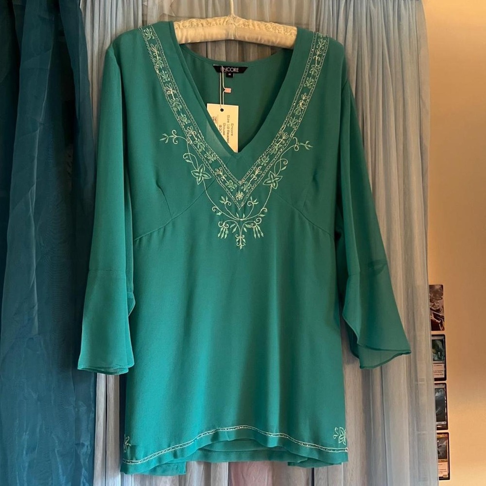 Teal Beaded Floral Embroidered Tunic Top